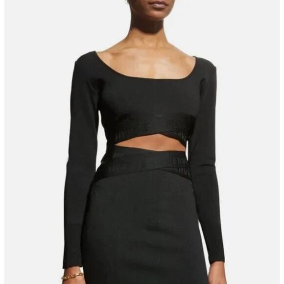 Herve Leger Top Womens Medium Scoop Neck Crop Bodycon Black Bandage Logo Luxury - Picture 1 of 12